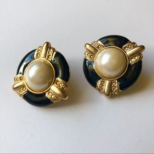 Vintage 80s Dynasty Blue Enamel Peal Earrings